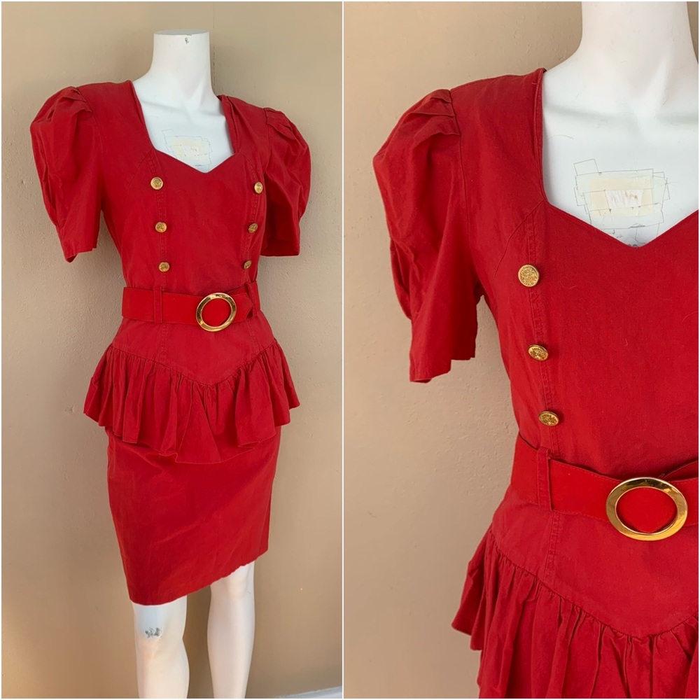 Vintage 80s Puff Sleeve Peplum Dress | Double Breasted Button Midi Dress w Belt